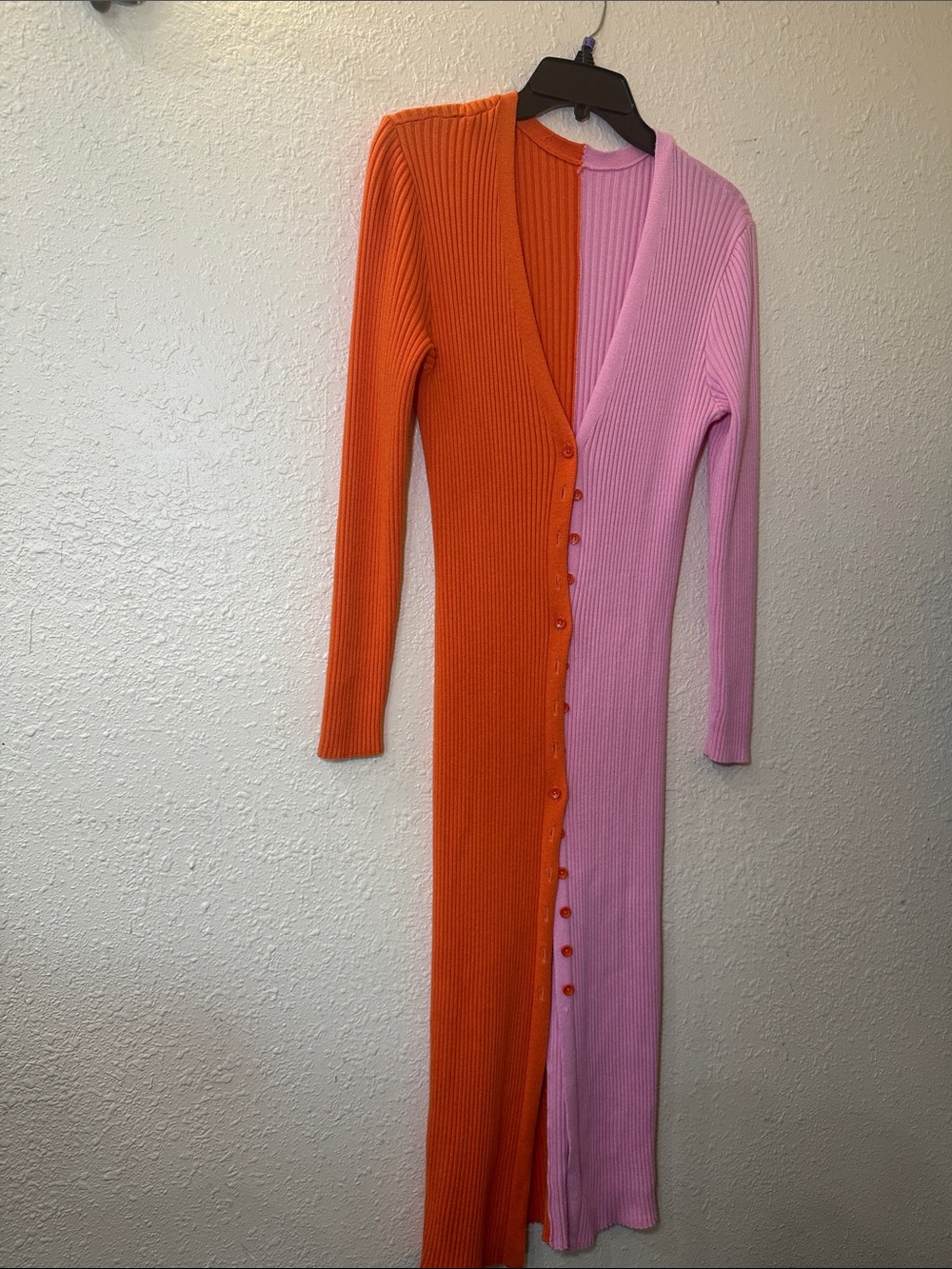 Two-Tone Orange and Pink Ribbed Button-Front Dress - Picture 2 of 6